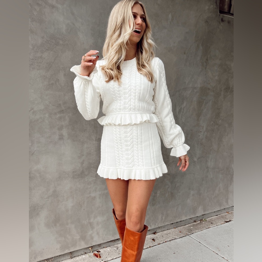 Show Me Your MuMu Cream Cable Knit Ruffle Sweater Set